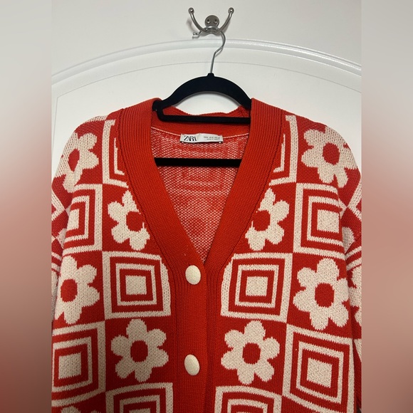 Zara Orange Jacquard Floral Geometric Chunky Knit Sweater Size S retro cozy 70s - Picture 5 of 13